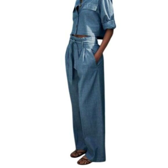 Zara Womens Dress Pants S Blue Wide Leg High Rise Pleated Belted 7968/051 NWT - Picture 2 of 13
